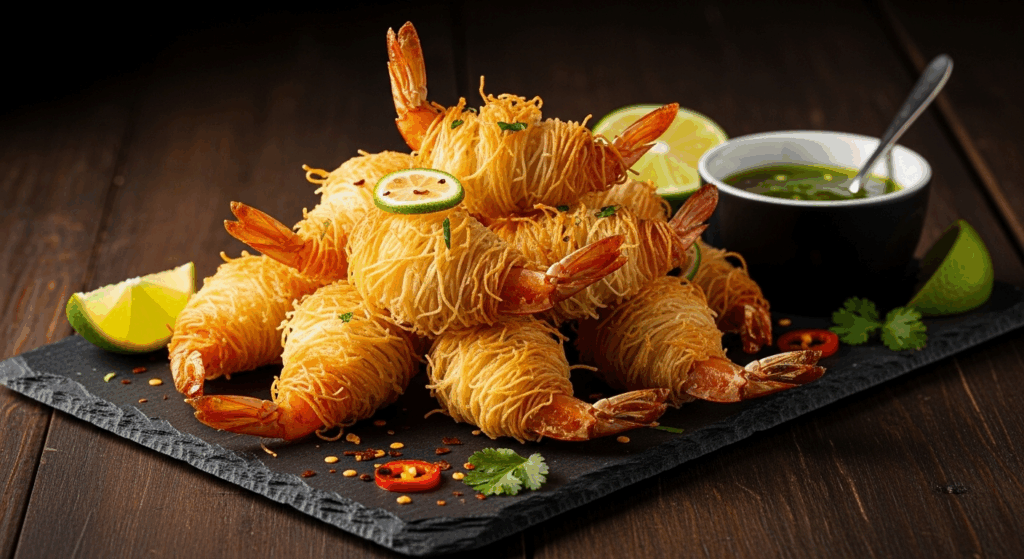 octofoods golden kataifi shrimp gourmet plating 1